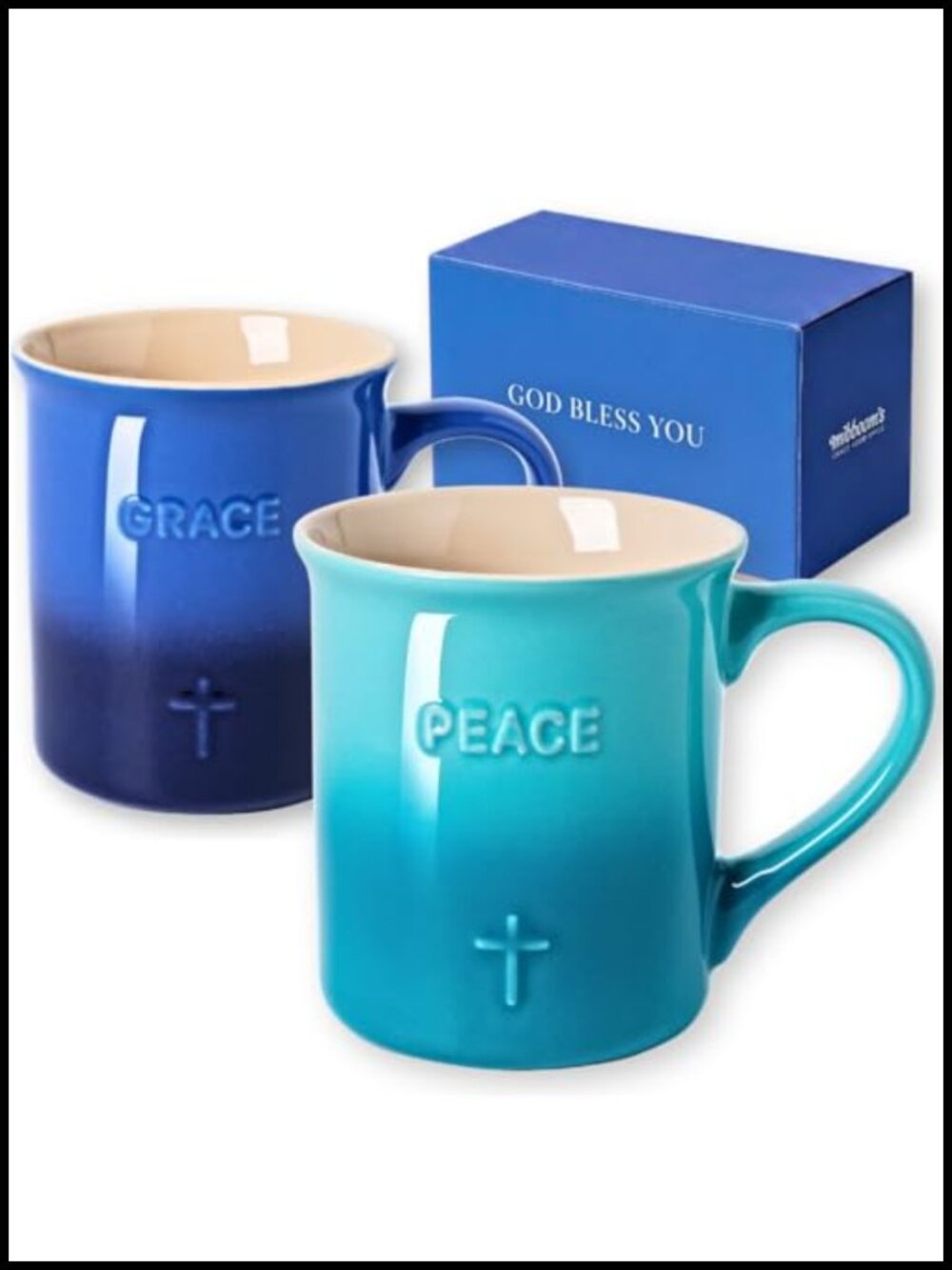 Ceramic Coffee Mug Set of 2 15oz Embossed Cross Inspirational Religious Gift